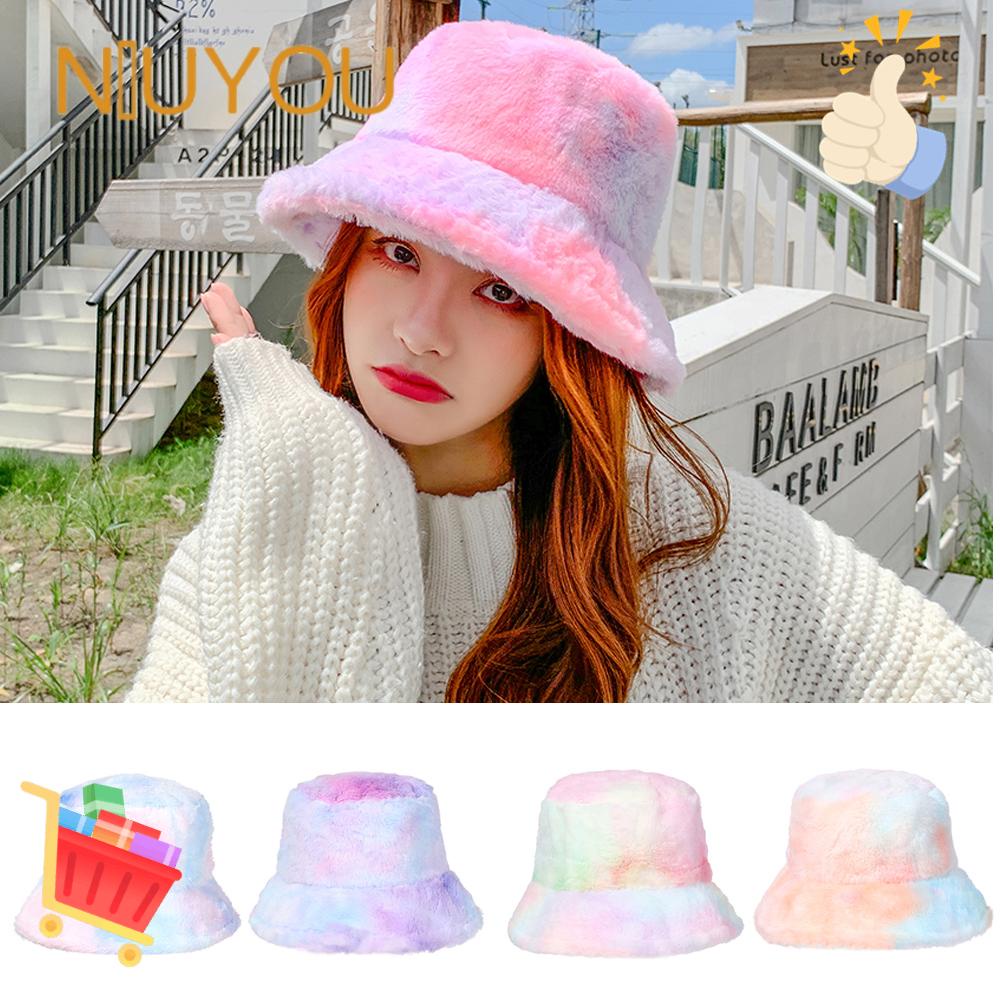 NIUYOU Mũ Bucket Màu Loang Mềm Mại Giữ Ấm Mùa Đông Thời Trang Cho Nữ