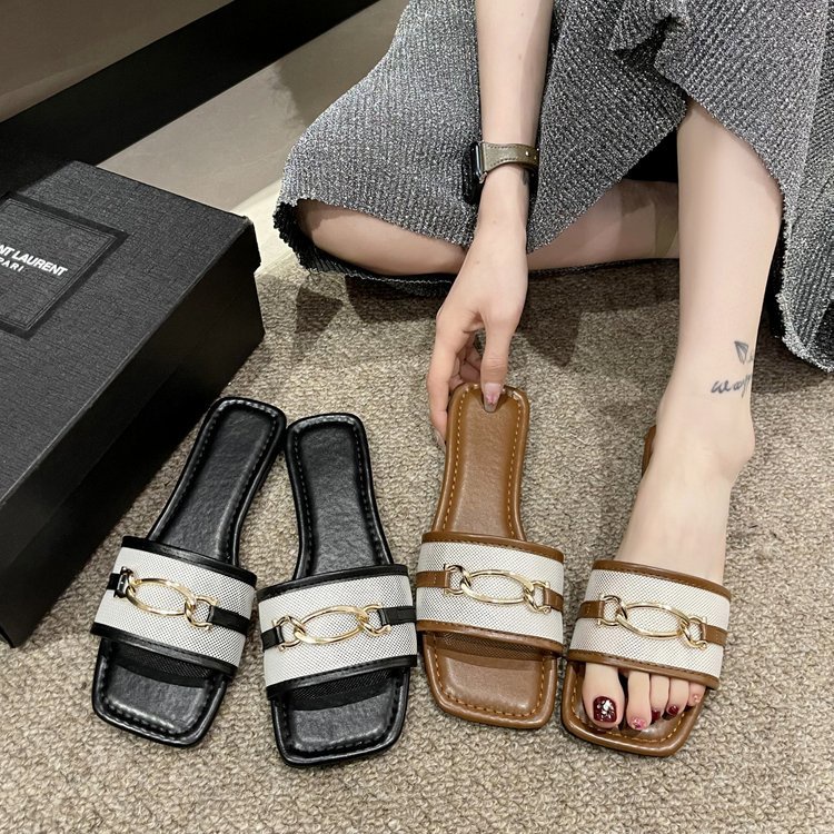 ZTAIXIELUA dép quai ngang nữ Dép Quai Ngang Đế Bằng Khóa Kim Loại Thời Trang Đi Biển Cho Nữ