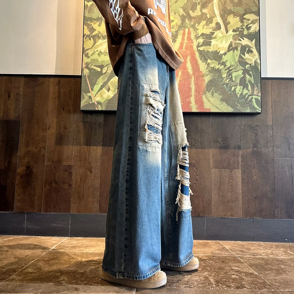 Quần Jean Dài Ống Rộng Phối Rách Kiểu Retro Đường Phố Thời Trang Mùa Hè Cá Tính