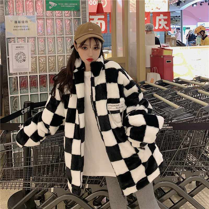 Áo Khoác Giả Lông Cừu Dày Dáng Rộng Họa Tiết Kẻ Sọc Đa Năng Phong Cách Hàn Quốc Mới Dành Cho Bạn Nữ