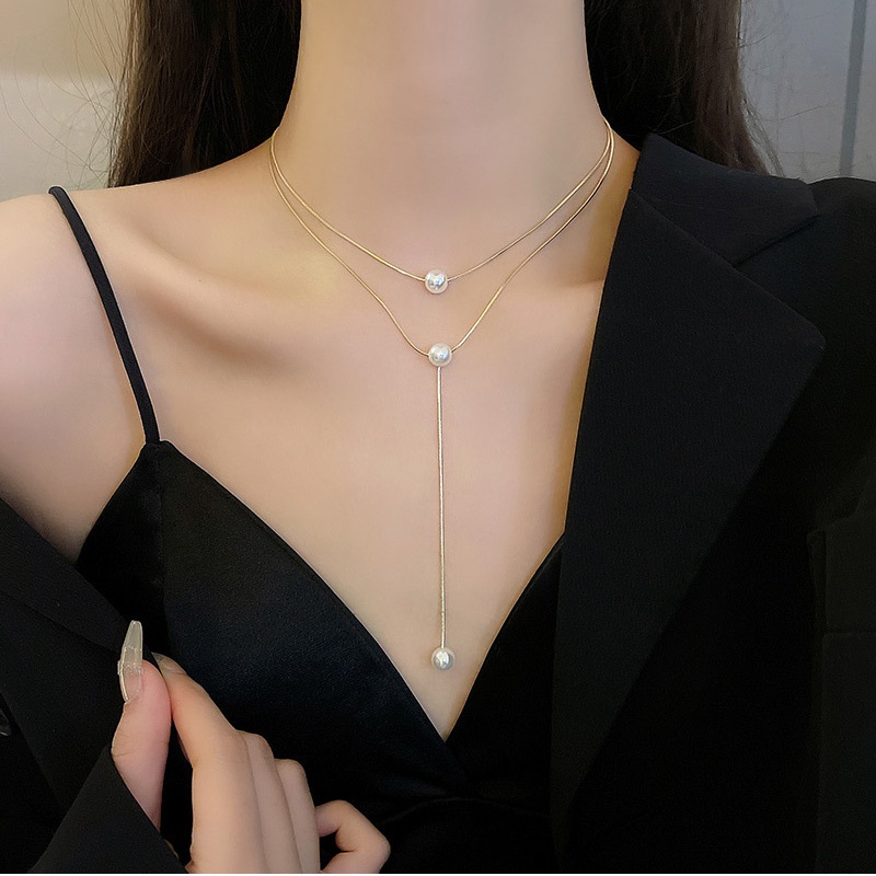 Vòng cổ Hai Lớp Đính Ngọc Trai Phong Cách Hàn Quốc Kiểu Dáng Mới