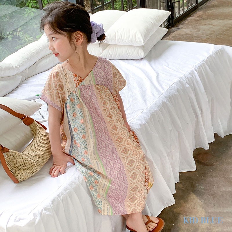 Đầm Cổ Chữ V Phong Cách Dân Tộc Hàn Quốc Thời Trang Đi Biển Mùa Hè Cho Bé Gái