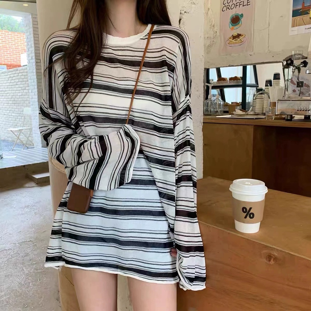 Áo Khoác Chống Nắng Bằng Lụa Lạnh Mỏng Dáng Rộng Họa Tiết Kẻ Sọc Thời Trang Mùa Hè 2023 Dành Cho Bạn Nữ