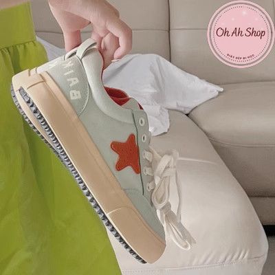 🍓  Giày Nữ Đi Học Giày Vải Canvas Hoạ Tiết Ngôi Sao Màu Xanh Mint Dễ Thương