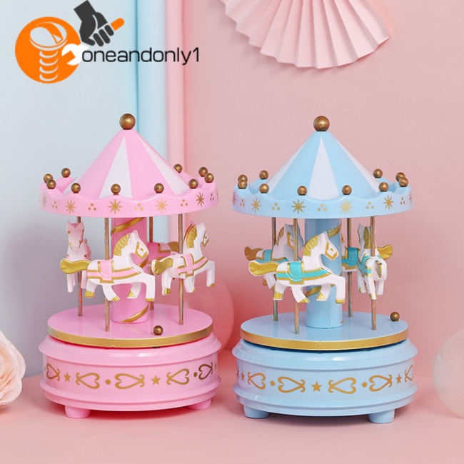 Hộp Nhạc Vòng Quay Ngựa Gỗ Có Đèn Trang Trí Phòng Bé