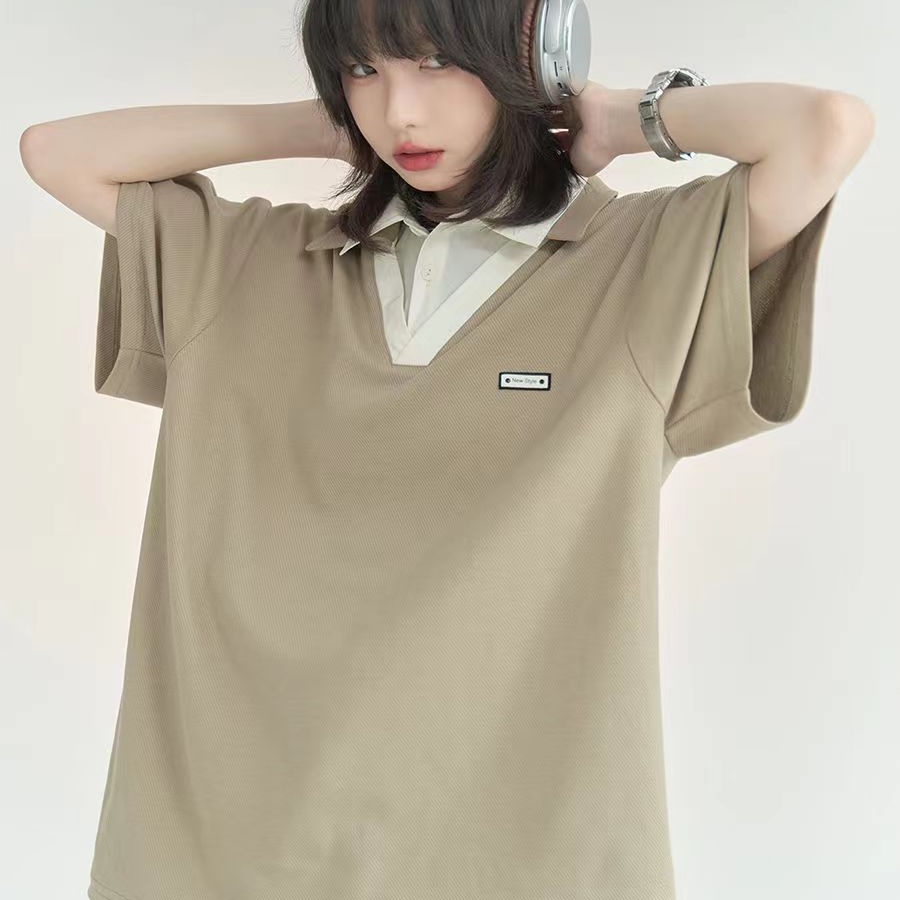 Áo Thun Polo Giả Hai Lớp Ngắn Tay Dáng Rộng Thời Trang Mùa Hè Hàn Quốc Cho Nam