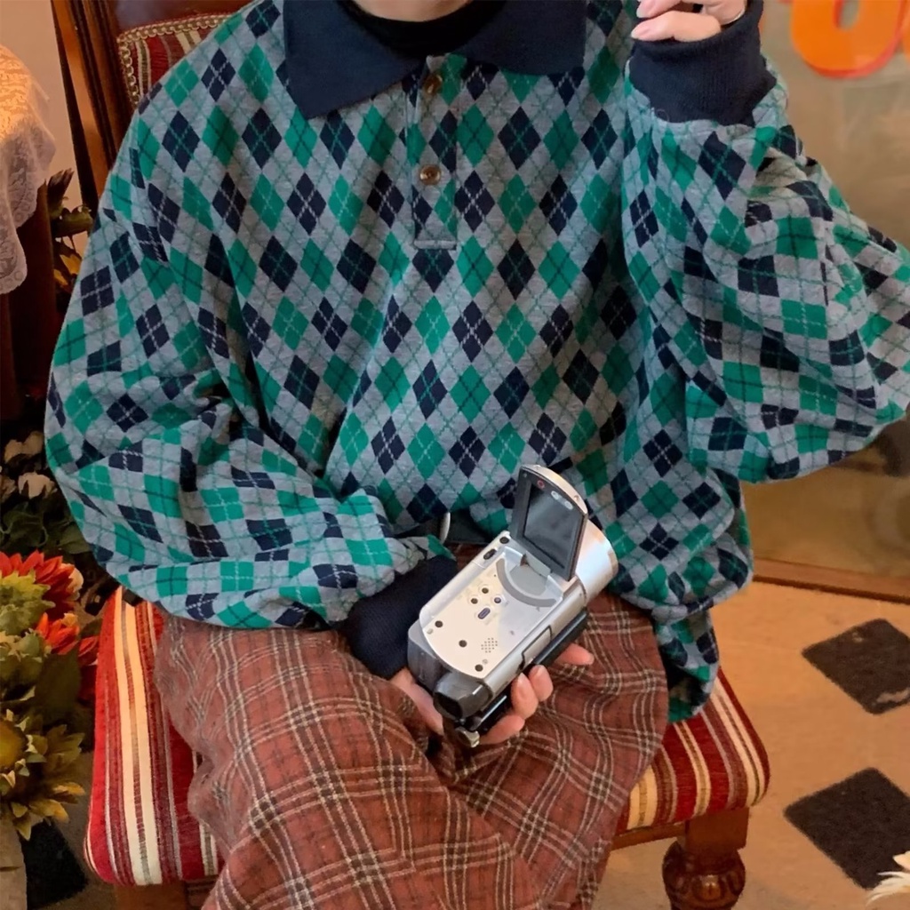 Áo Sơ Mi Polo Họa Tiết Caro Đính Kim Cương Giả Phong Cách Hàn Quốc Thời Trang Mùa Thu Cho Nam