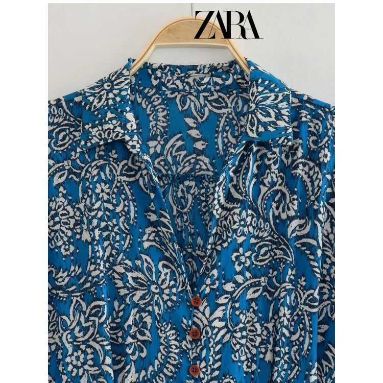 Zara Đầm Chữ A Tay Ngắn Cổ Chữ V Phối Thắt Lưng In Họa Tiết Thời Trang