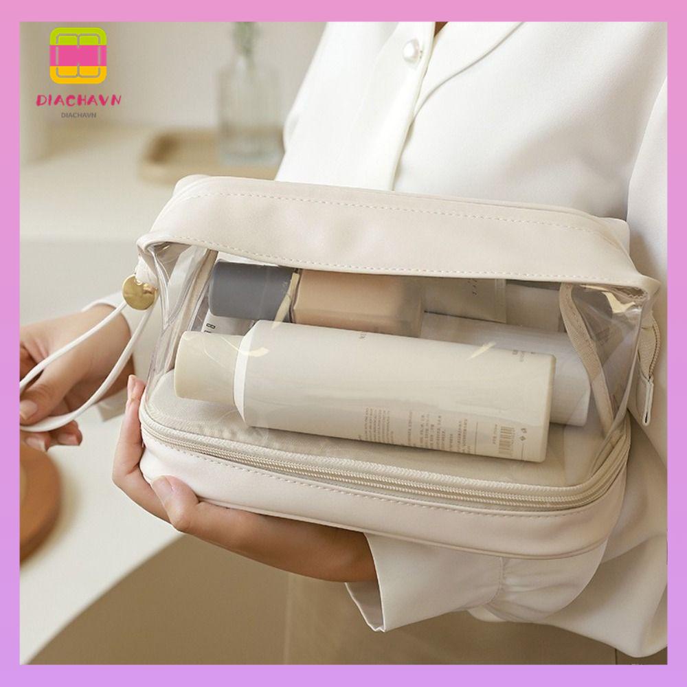 DIACHAVN Túi Đựng Đồ Trang Điểm Bằng PU Trong Suốt Hai Lớp Có Khóa Kéo Cho Nữ