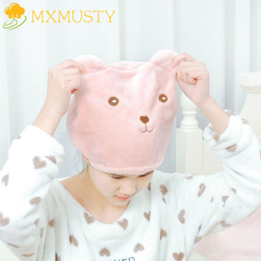 MXMUSTY Mũ Trùm Đầu Sấy Khô Tóc Mềm Mại Dày Dặn Không Phai Màu Thiết Kế Tai Gấu Hoạt Hình Dễ Thương