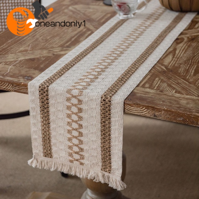 [COD] Khăn Trải Bàn Vải Cotton Lanh Dệt Sọc Hai Màu Phối Tua Rua Phong Cách Nông Trại Mộc Mạc Tự Nhiên Dành Cho Bàn Ăn