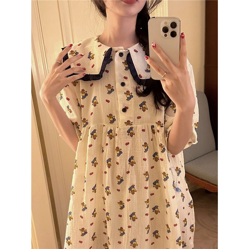Đồ ngủ Tay Ngắn Chất Liệu Cotton In Họa Tiết Trái Táo / Gấu Dễ Thương Thời Trang Mùa Hè Cho Nữ