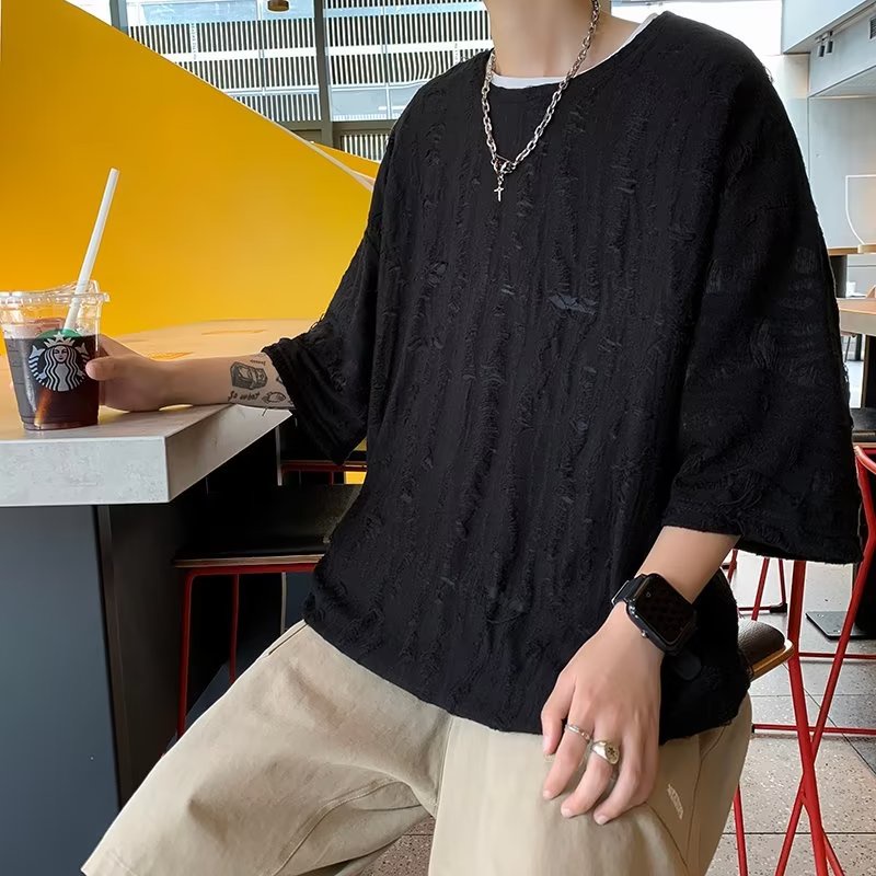 Áo Thun Tay Lửng Rách Lỗ Phong Cách Đường Phố Cá Tính