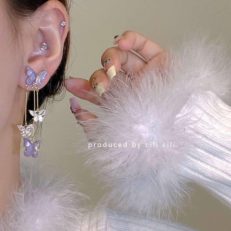 Bông Tai Dài Hình Bướm Màu Tím Xinh Xắn