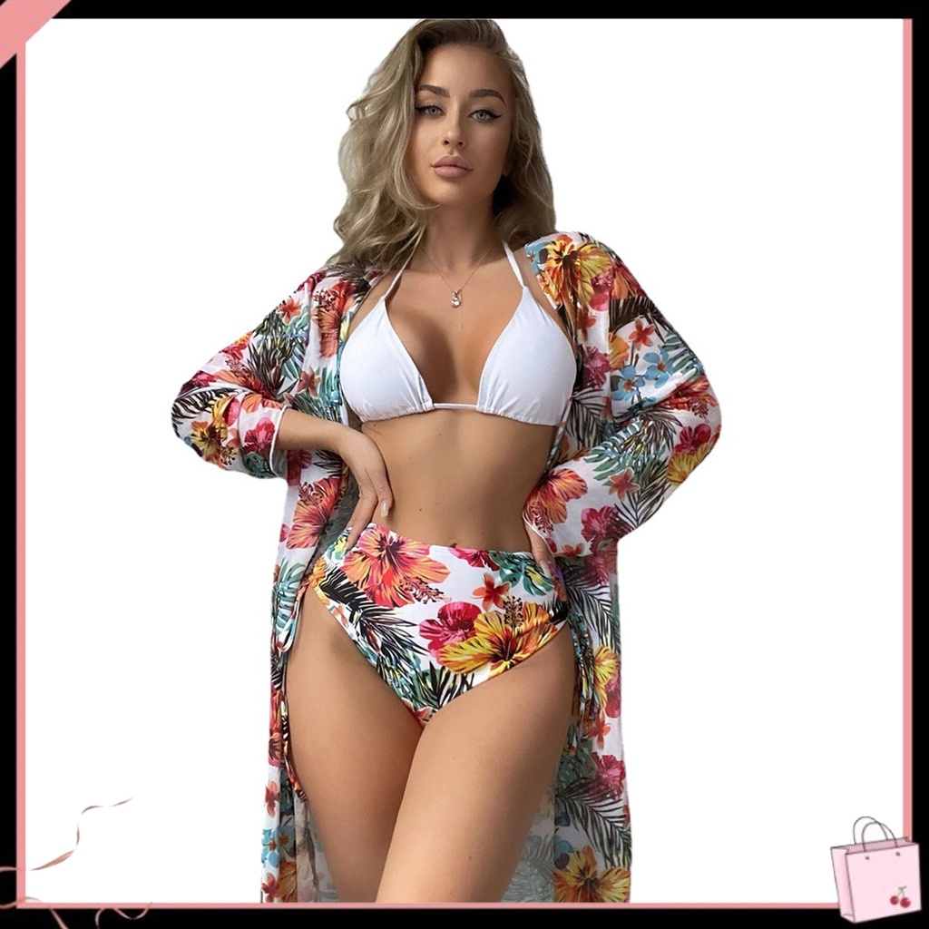 Bộ Bikini 3 Mảnh Lưng Cao Màu Trơn In Họa Tiết Hoa Có Dây Rút