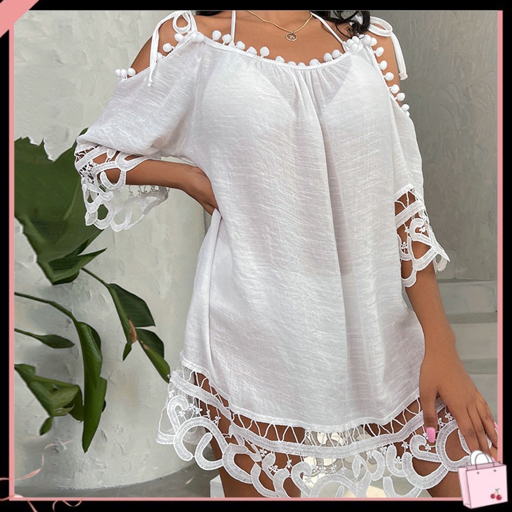{Soltweter} Đầm Mini Tay Lửng Hở Lưng Phối Ren Và Quả Bóng Lông Xù Thời Trang Đi Biển Mùa Hè Dành Cho Nữ