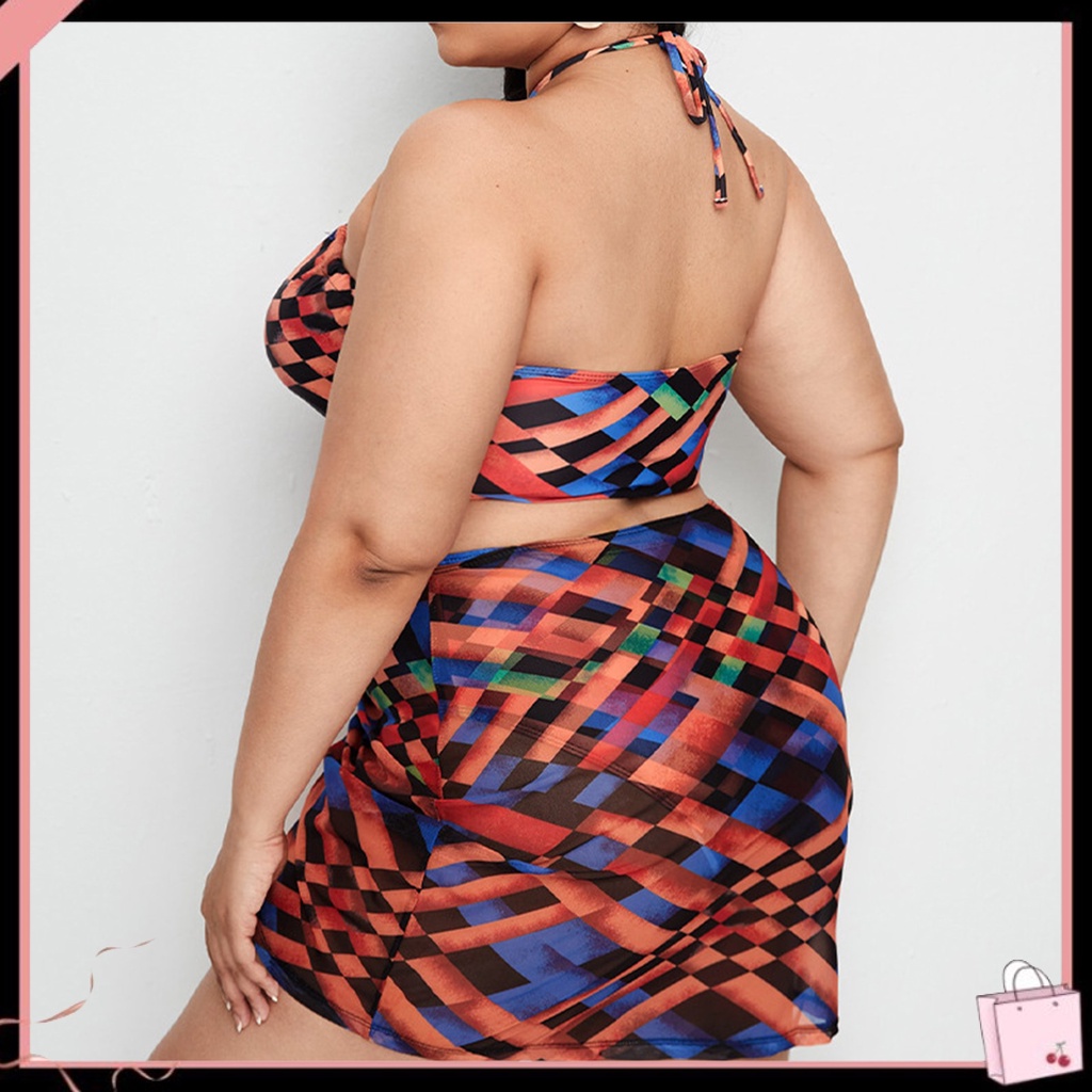 Bộ Đồ Bơi 3 Món Áo Cổ Khoét Sâu Màu Sắc Tương Phản Phối Dây Rút + Quần Lưng Cao Thời Trang Đi Bơi Cho Nữ