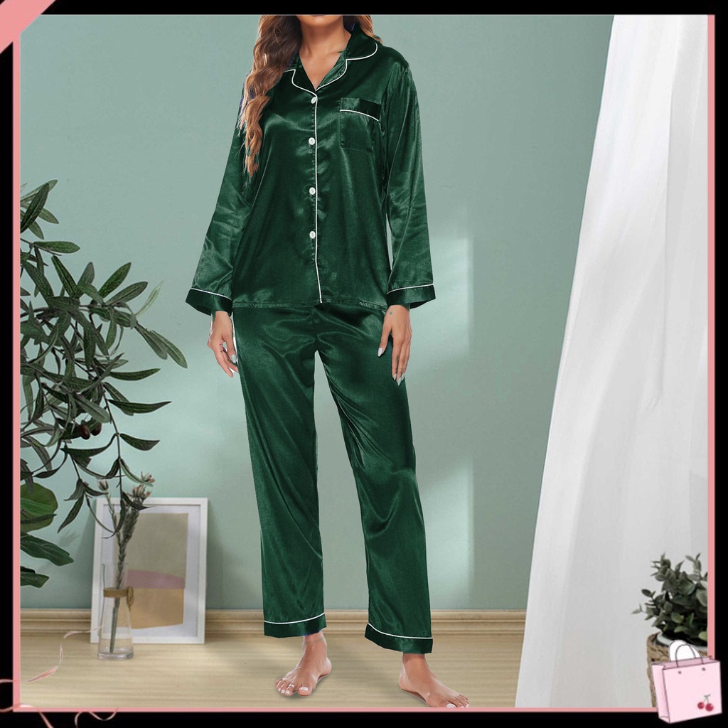 1 Bộ Đồ Ngủ Áo Tay Dài Cổ Bẻ Phối Quần Dài Màu Trơn Thời Trang Hè Thu Cho Nữ