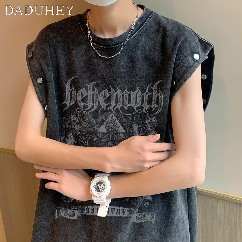 DaDuHey 2023 Summer Fashion Brand Ins Fashion Loose Top Vest Men's Hong Kong Style Retro Washed Printed Detachable Short Sleeve T-shirt