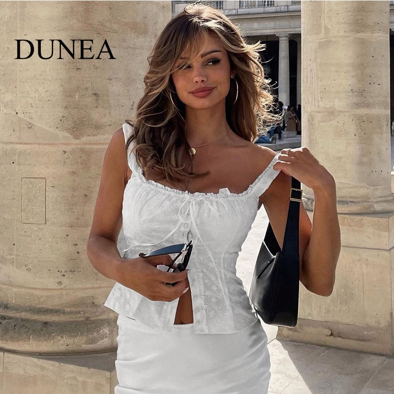 DUNEA Áo Ống Cổ Vuông Phối Khóa Cài Thời Trang Dành Cho Nữ