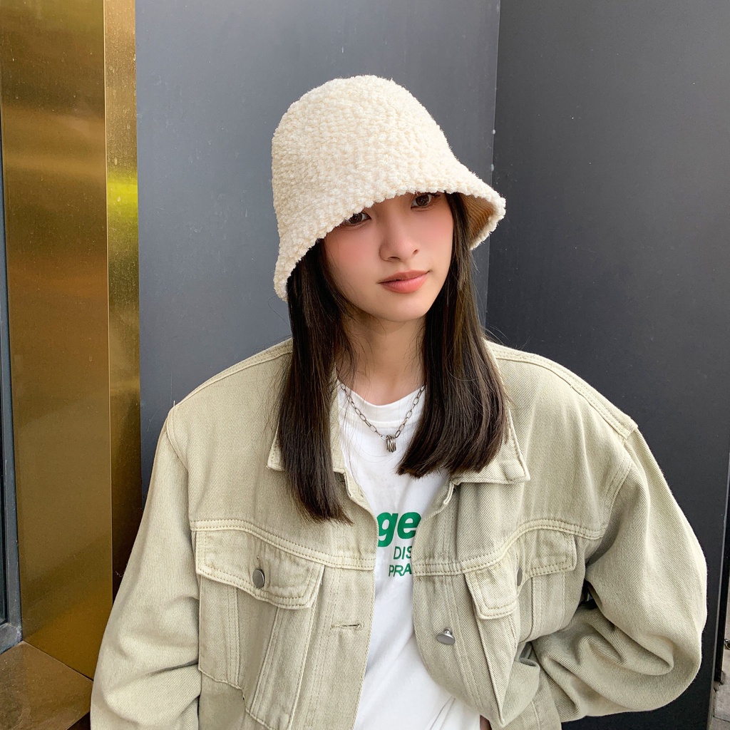 Mũ Bucket Len Lông Cừu Dày Dặn Màu Trơn Phong Cách Hàn Quốc Thời Trang Thu Đông Cho Nữ