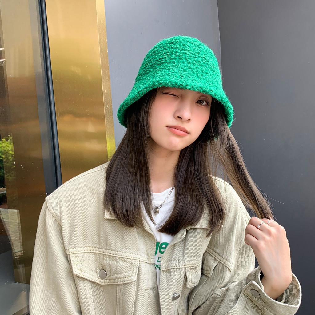 Mũ Bucket Len Lông Cừu Dày Dặn Màu Trơn Phong Cách Hàn Quốc Thời Trang Thu Đông Cho Nữ