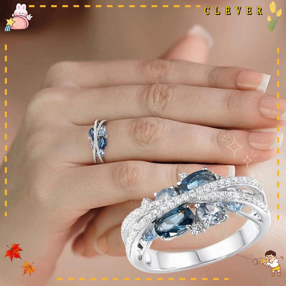 CLEVER Nhẫn Cưới Bạc Đính Đá Zirconia Màu Hồng Lấp Lánh