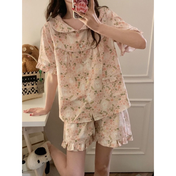 Bộ Đồ Ngủ Ngắn Tay Cổ Búp Bê In Họa Tiết Hoa / Thỏ Hồng Đáng Yêu Thời Trang Mùa Hè Hàn Quốc Cho Nữ