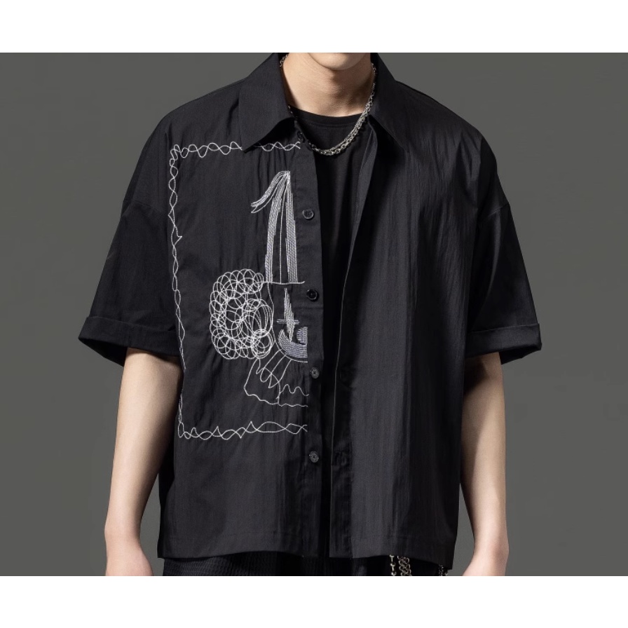 Áo Sơ Mi Tay Lỡ Thêu Họa Tiết Màu Sắc Tương Phản Thiết Kế Bất Đối Xứng Cá Tính Cho