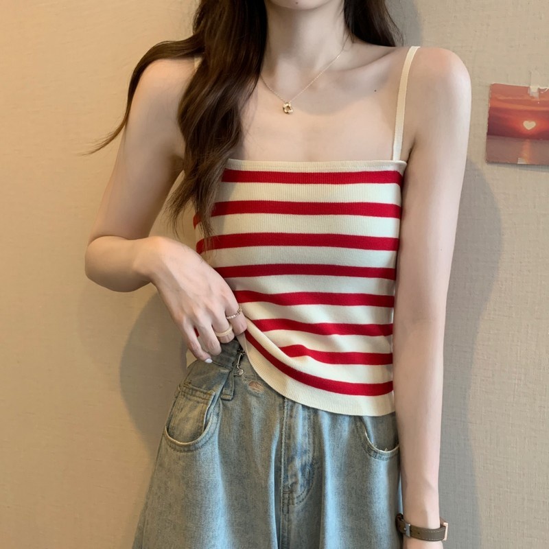 Nzn Áo Hai Dây Dệt Kim Crop top Kẻ Sọc Tương Phản Mùa Hè