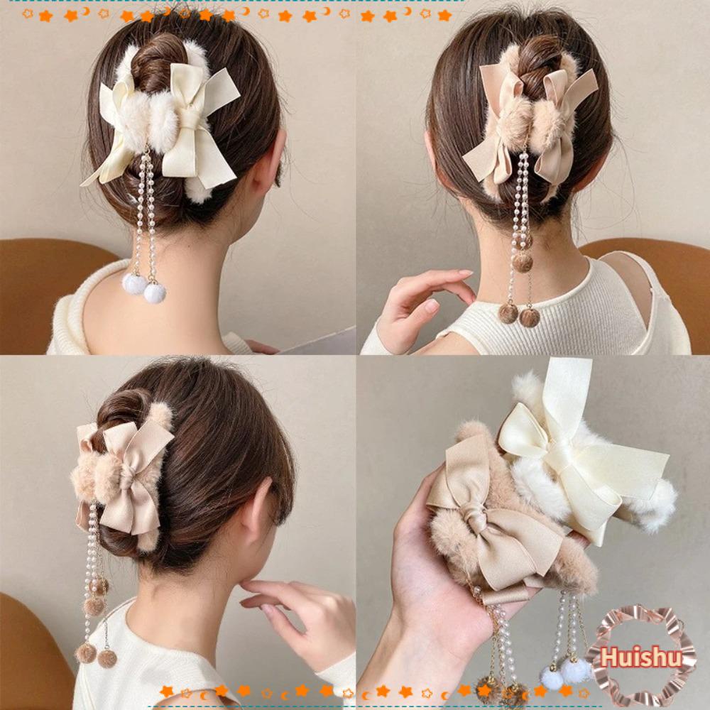 HS Set 2 Kẹp Tóc Càng Cua Đính Nơ Bằng Lông Nhung Dễ Thương Xinh Xắn Cho Nữ