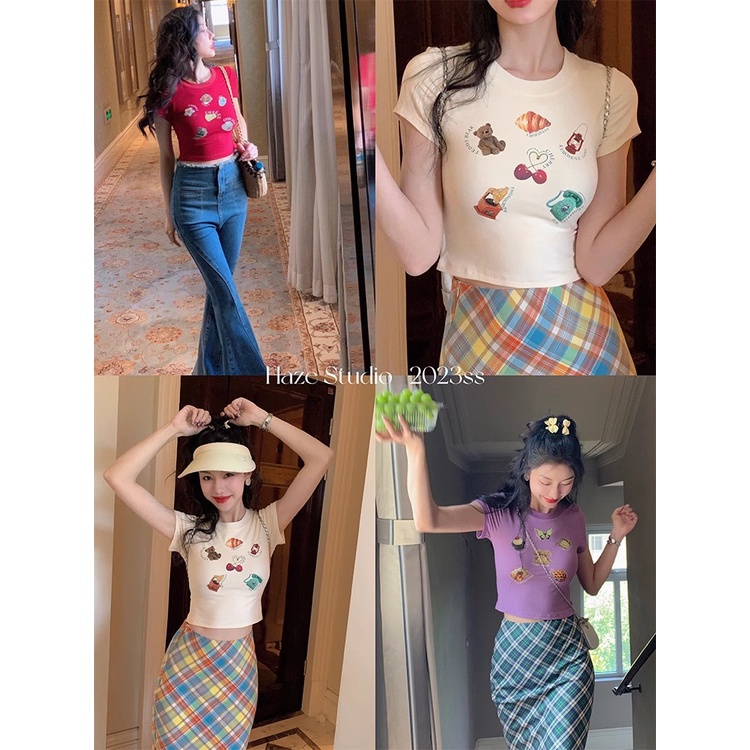 G-Fashion Áo Croptop Tay Ngắn Cổ Tròn Dáng Ôm In Họa Tiết Thời Trang Mùa Hè Quyến Rũ Cho Nữ