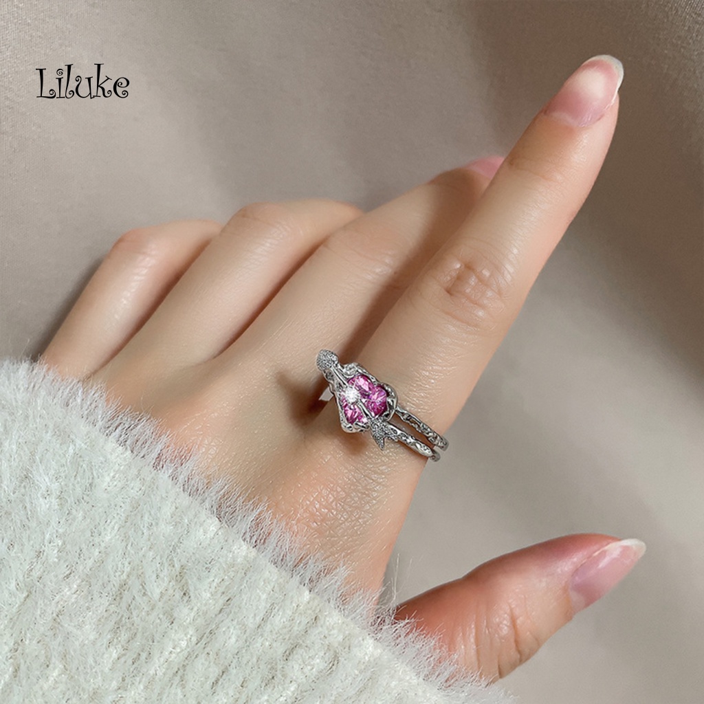 Nhẫn Nữ Hai Lớp Dạng Hở Hình Mũi Tên Xuyên Qua Trái Tim Đính Đá Nhân Tạo Màu Hồng Thời Trang