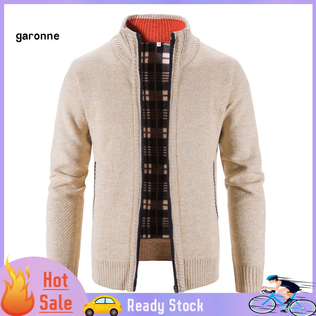 Áo Khoác Sweater Dệt Kim Tay Dài Lót Lông Cừu Màu Trơn Phối Khóa Kéo Thời Trang Thu Đông Cho Nam
