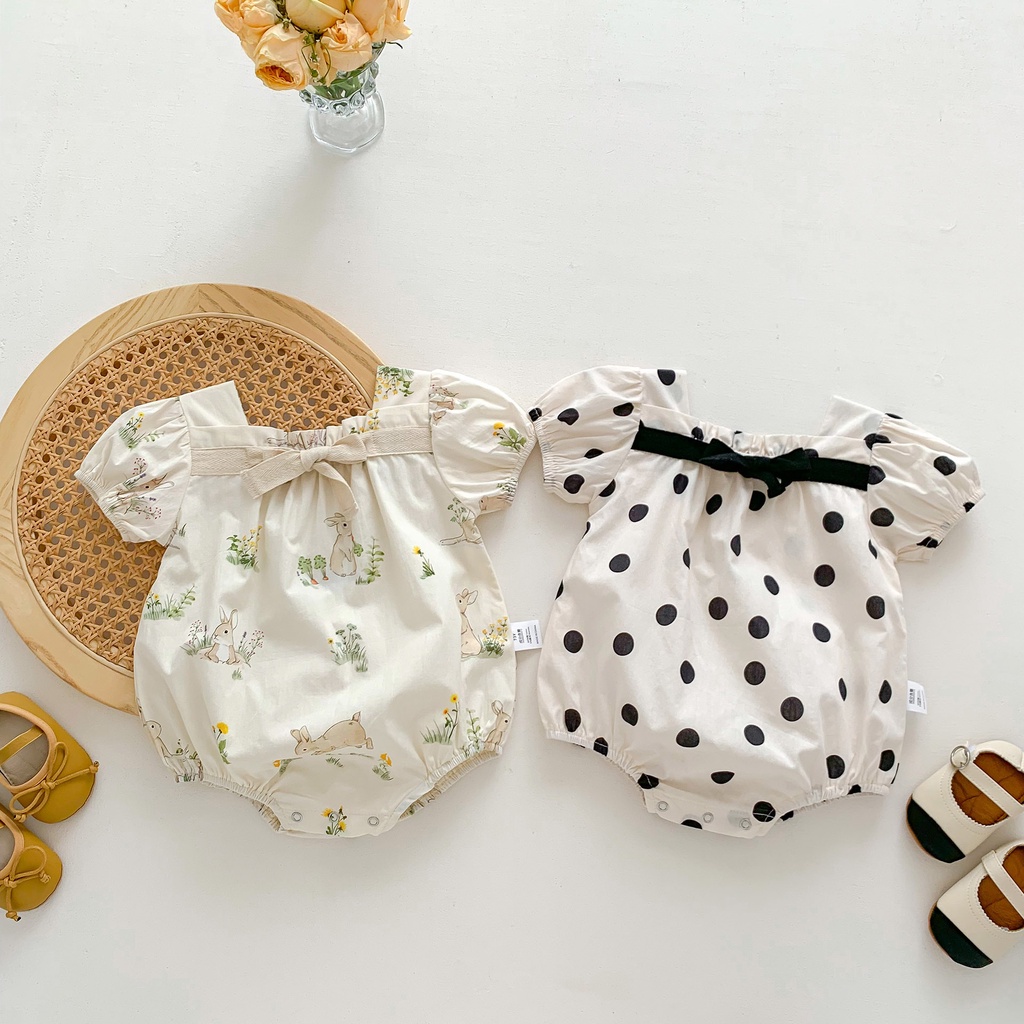 Bộ Áo Liền Quần Tay Ngắn In Họa Tiết Chấm Bi / Chú Thỏ Dễ Thương Thời Trang Mùa Hè Cho Bé