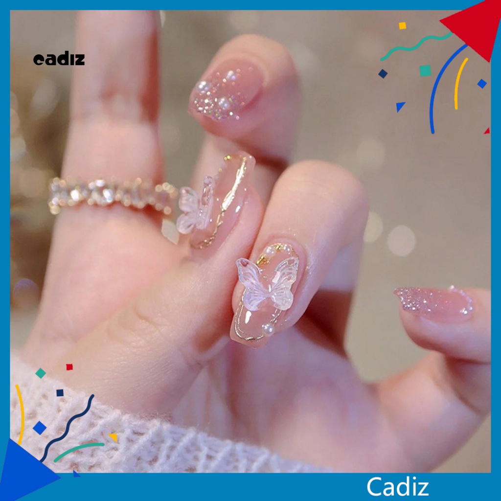 1 Bộ Móng Tay Giả Bằng Nhựa Siêu Mỏng Đính Ngọc Trai Hình Bướm 3D DIY