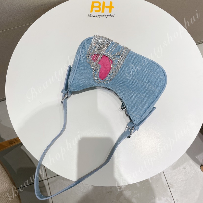 Túi Xách Đeo Vai Chất Liệu Denim Đính Đá Phối Tua Rua Thời Trang 2023 Dành Cho Nữ
