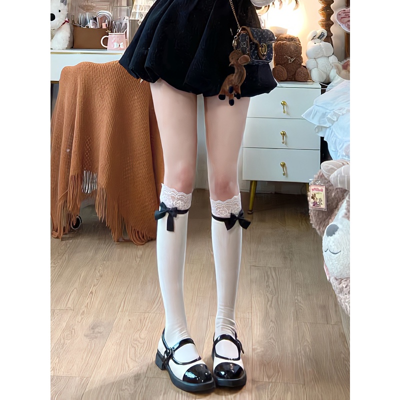 Vớ lolita Phối Ren Trắng Tay Lửng Đính Nơ Thời Trang Xuân Thu Cho Nữ