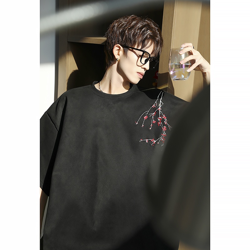 Áo Thun Da Lộn Ngắn Tay Thêu Họa Tiết Phong Cách Trung Hoa Thời Trang Mùa Hè Cho Nam