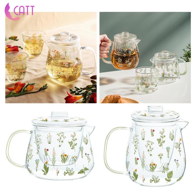 Ấm Trà Bằng Thủy Tinh Borosilicate Kèm Bộ Lọc Thủ Công Họa Tiết Hoa