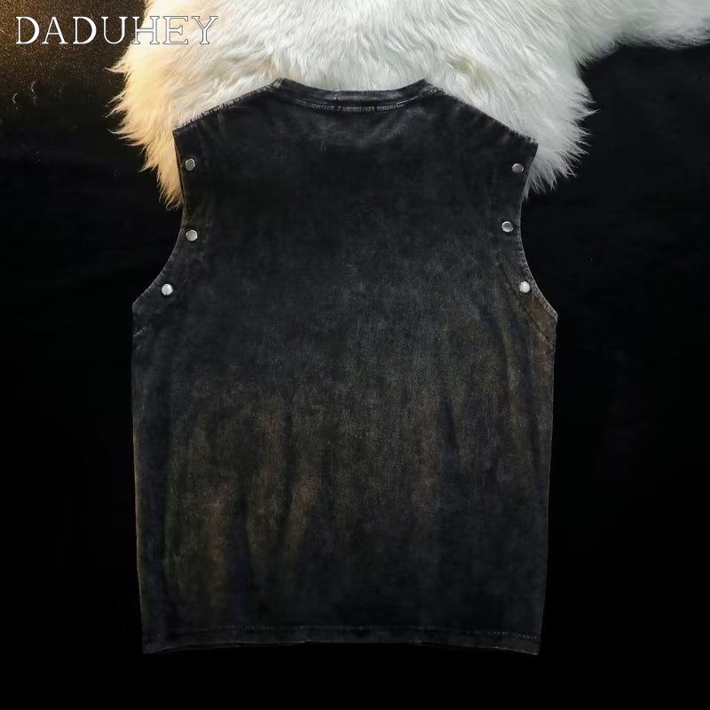 DaDuHey Men's 2023 New Summer Fashion Vintage Print Washed Sleeveless Vest Waistcoat American High Street Ins Trendy Loose round Neck Detachable Short Sleeve T-shirt