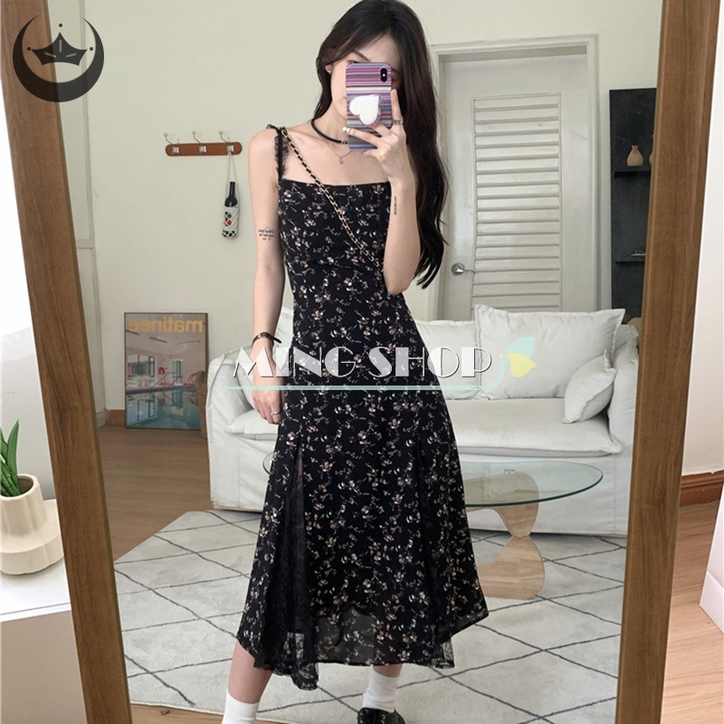 Đầm Voan Hoa Phối Ren Lưới Phong Cách Vintage Hàn Quốc