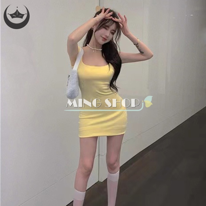 Đầm Mini Cổ Vuông Tay Ngắn Màu Trơn Dáng Ôm Thời Trang Cho Nữ