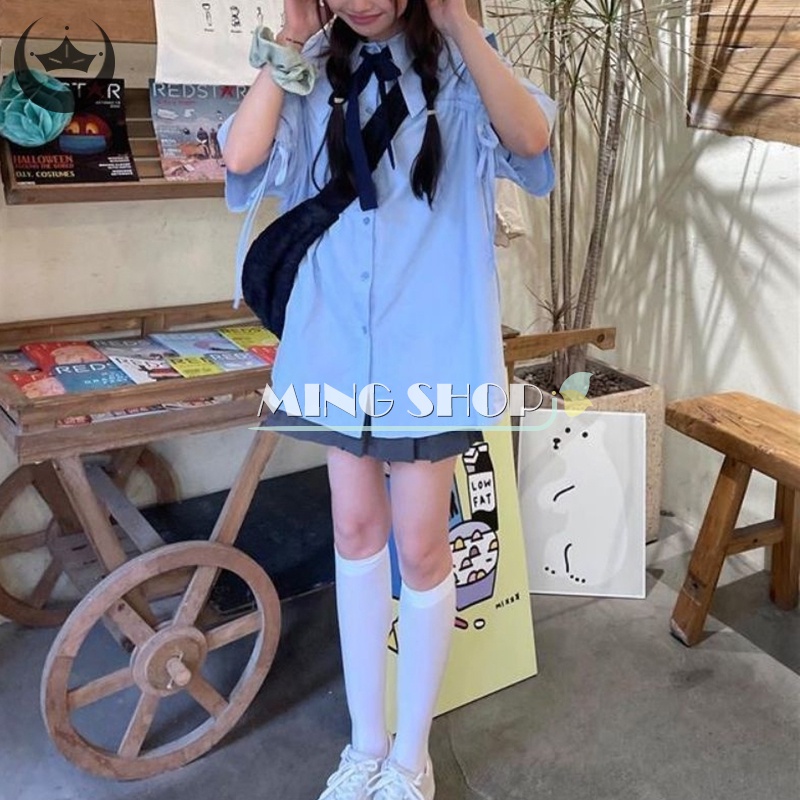 Áo Sơ Mi Nữ Tay Ngắn Cổ Thủy Thủ Thắt Nơ Xinh Xắn