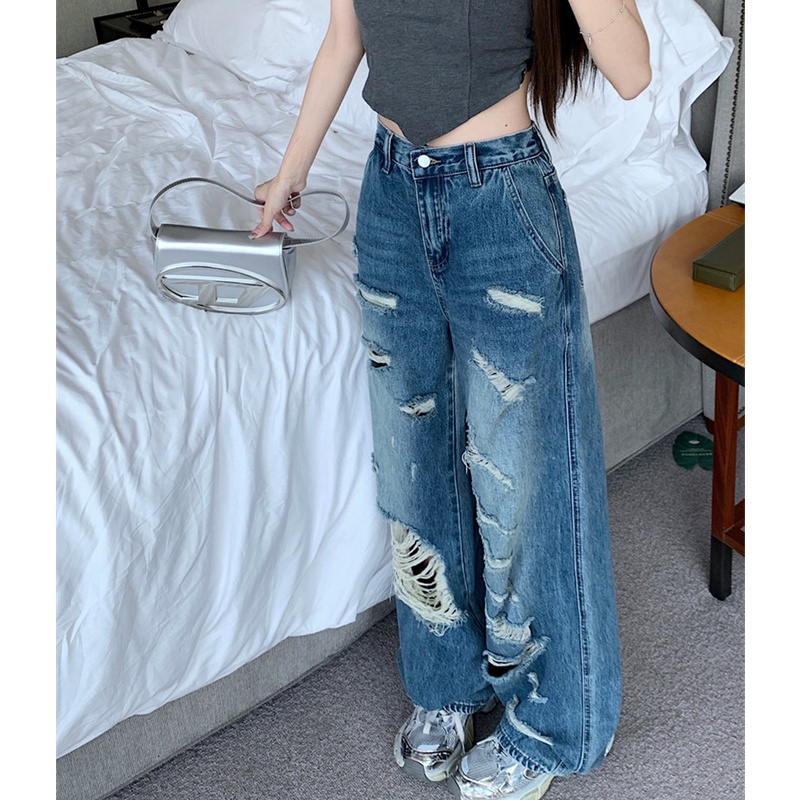 Quần Denim Ống Rộng Rách Gối Thời Trang Mùa Hè Cho Nữ