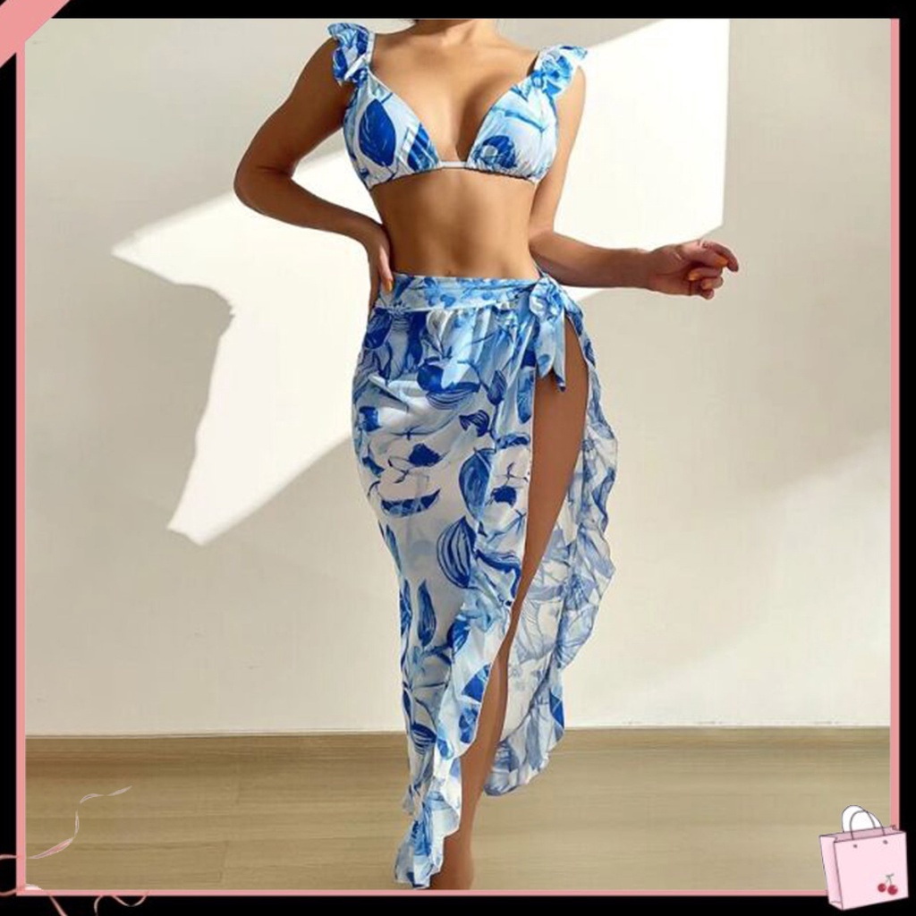 Bộ 3 Món Đồ Bơi Bikini Gồm Áo Tay Bay Tam Giác Và Chân Váy Lưng Thun In Hoa Viền Bèo Cho Nữ