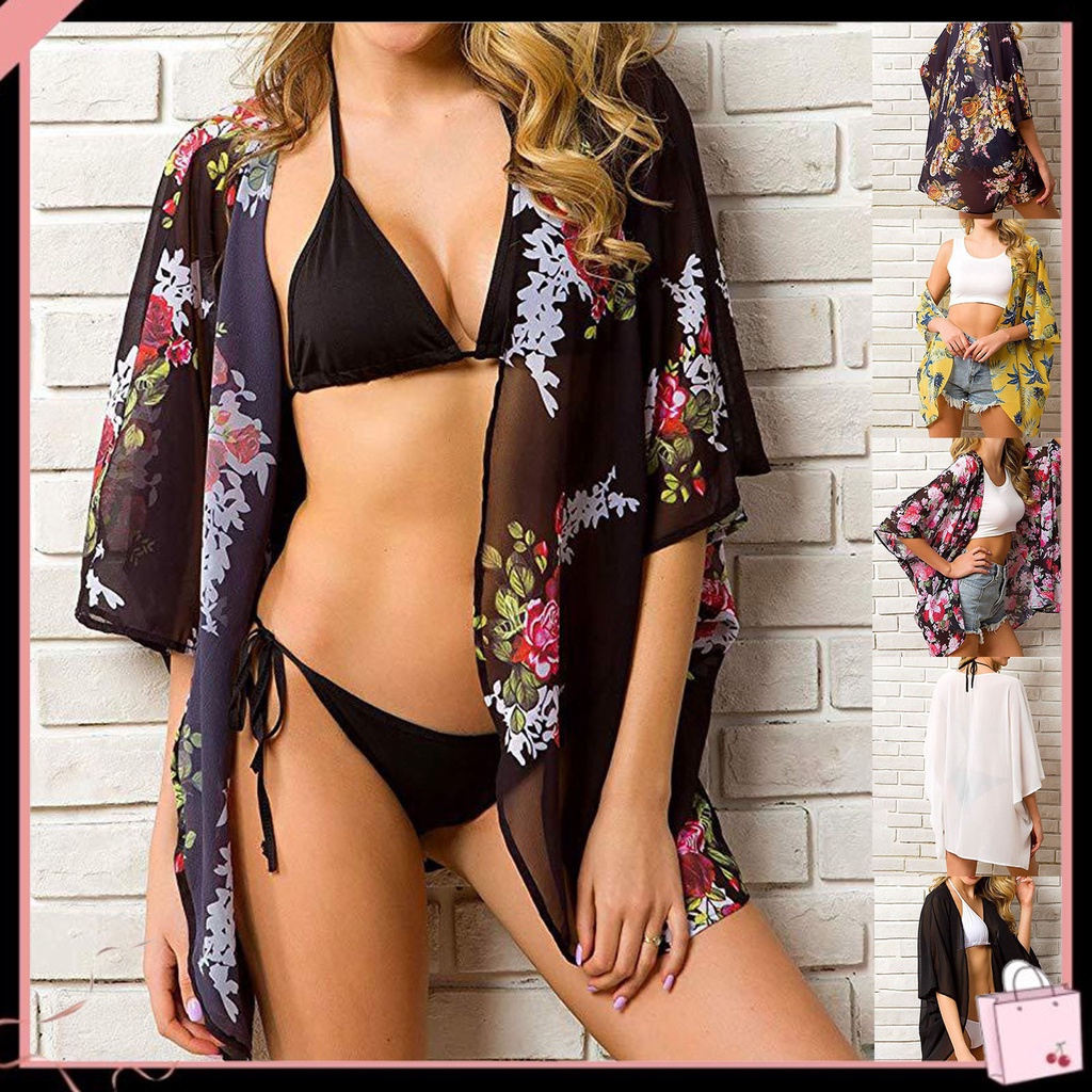 {Soltweter} Đầm Cardigan Mỏng Tay Lỡ In Hoa Sống Động Mặc Ngoài Trời Đi Biển