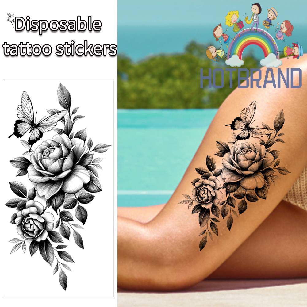 Set 6 Hình Xăm Dán Tạm Thời Hình Hoa Cỏ Màu Đen Chống Nước Dùng Một Lần