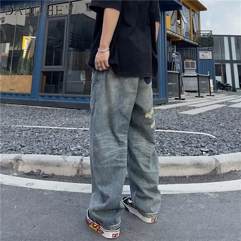 DaDuHey Men's 2023 New American High Street Retro Straight Jeans Fashion Brand Wide-Legged Versatile Loose Casual Pants