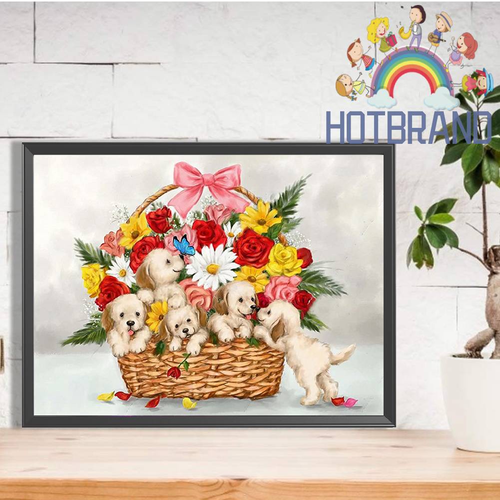 Tranh Đính Đá Kim Cương Toàn Bộ 5D DIY Hình Vẽ Chó Và Giỏ Hoa Trang Trí Nhà Cửa